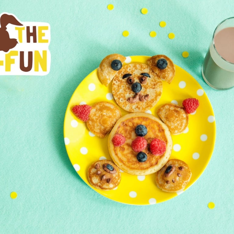 Breakfast cereal in a bowl with Nesquik, decorated with fruit to resemble a rabbit Breakfast cereal in a bowl with Nesquik, decorated with fruit to resemble a rabbit
